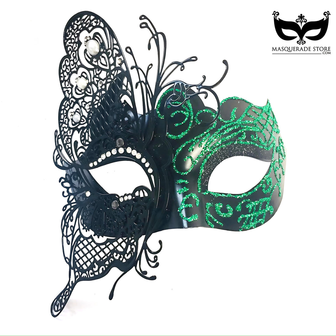 Black and green butterfly masquerade mask with intricate green shimmer filigree design