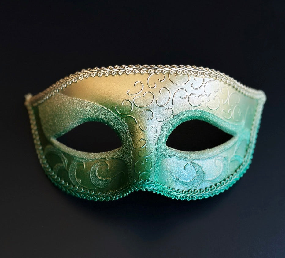Mens green and gold ombre Venetian masquerade mask featuring embossed Baroque scrollwork, metallic finish, braided trim, and a classic eye mask silhouette for masquerade balls and formal occasions.