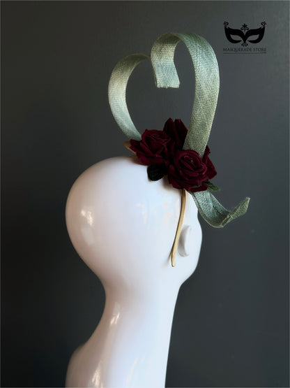 Heart shaped headpiece with burgundy rose accent