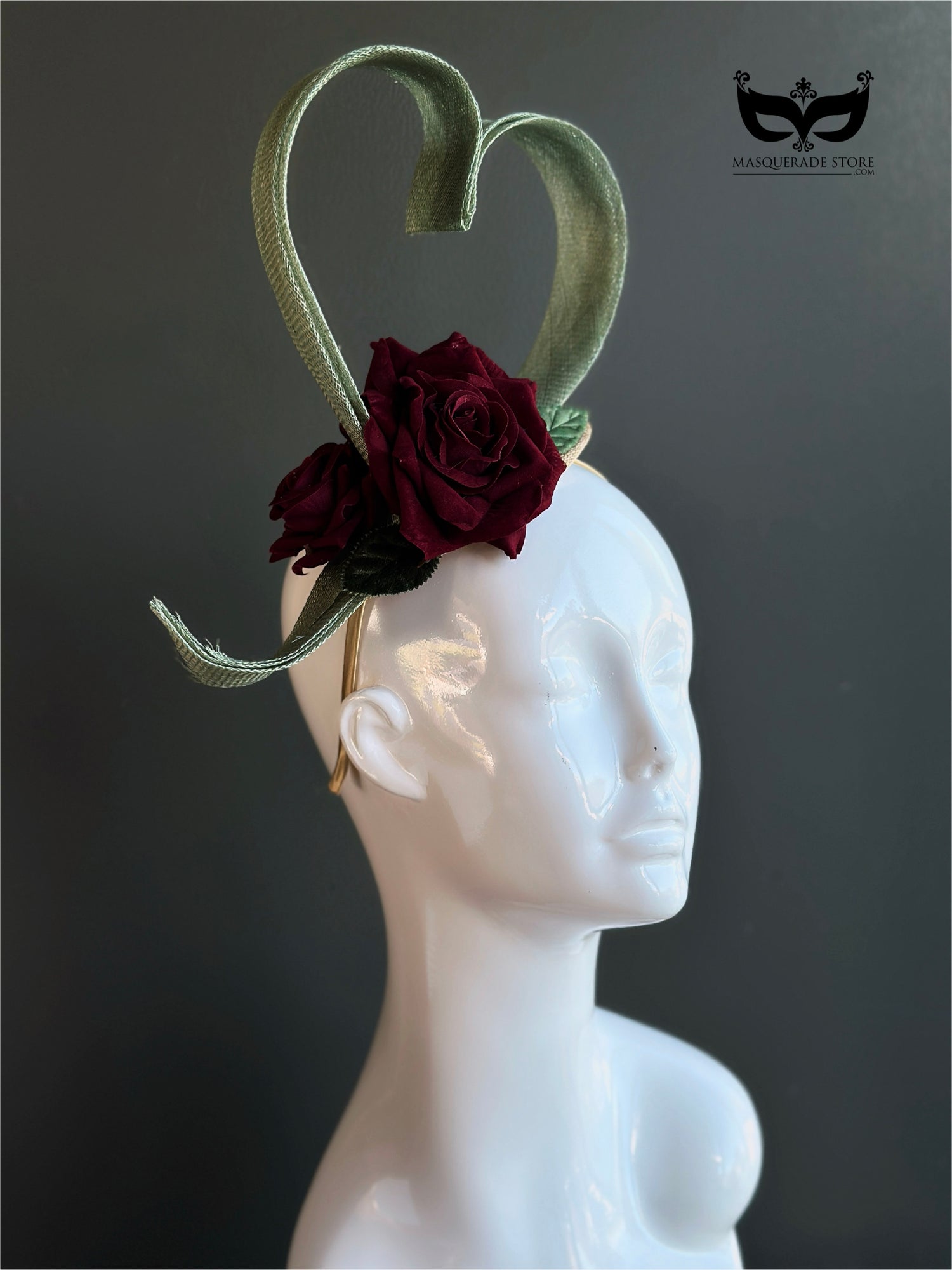 Heart shaped headpiece with burgundy rose accent