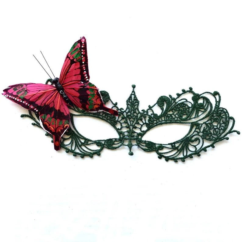 Elegant green lace masquerade mask with red butterfly accent, Venetian lace eye mask for women, perfect for weddings, masquerade balls, prom, and Halloween.