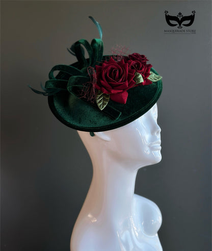 Elegant red rose headpiece on green velvet base.