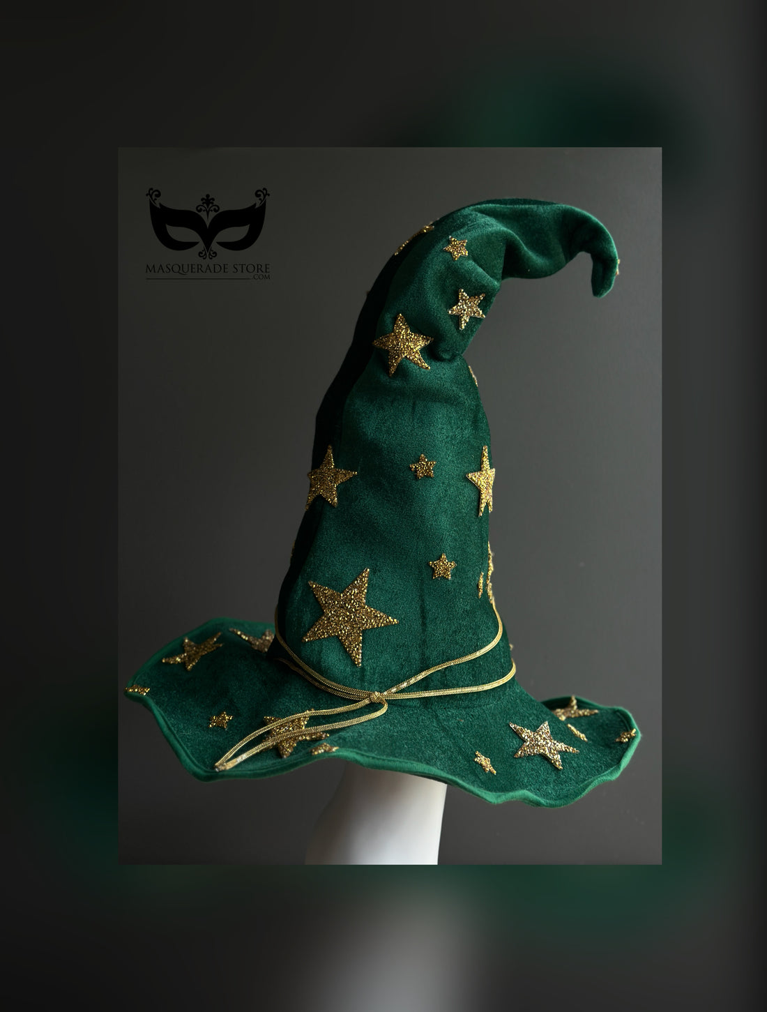 Green witch hat with gold glitter stars and curled tip design, perfect for Halloween and witches balls.