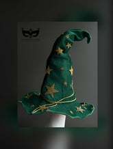 Green witch hat with gold glitter stars and curled tip design, perfect for Halloween and witches balls.