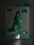 Green witch hat with gold glitter stars and curled tip design, perfect for Halloween and witches balls.