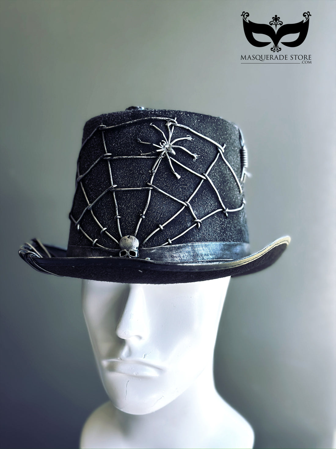 Halloween top hat with silver spider web design, crawling spider, and skull detail, perfect for witch doctor or gothic costumes.