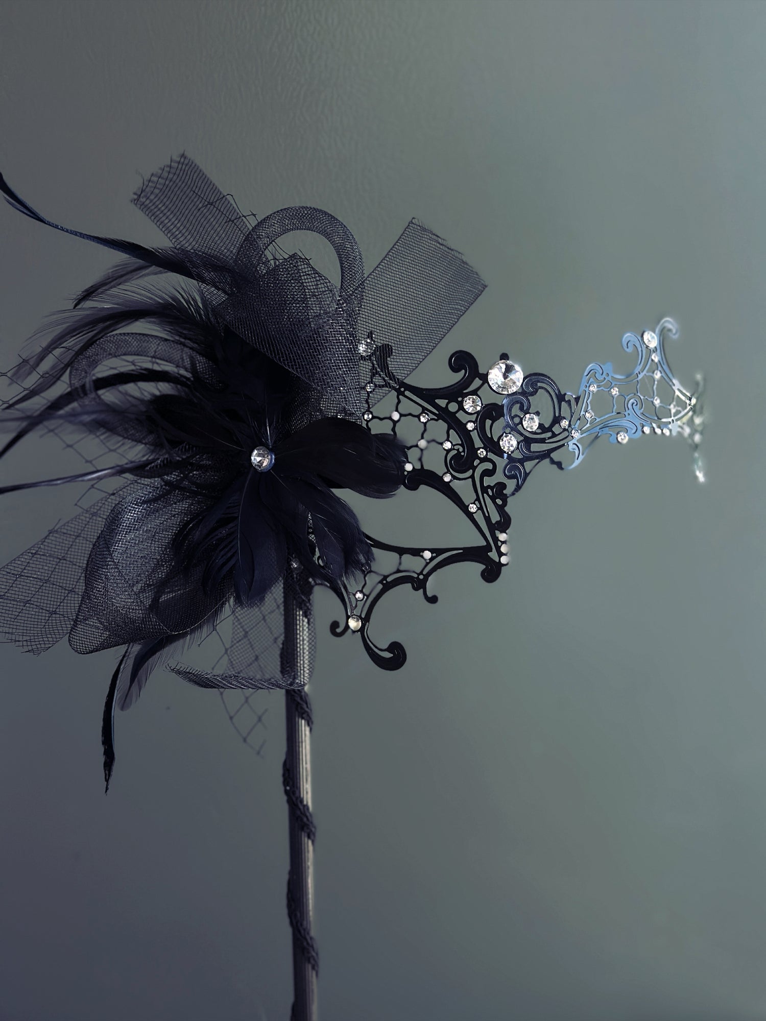 Handheld black masquerade mask with black feathers and rhinestone accents

