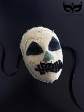 Creepy scarecrow burlap Halloween mask with stitched mouth and black mesh eyes, handmade horror costume accessory