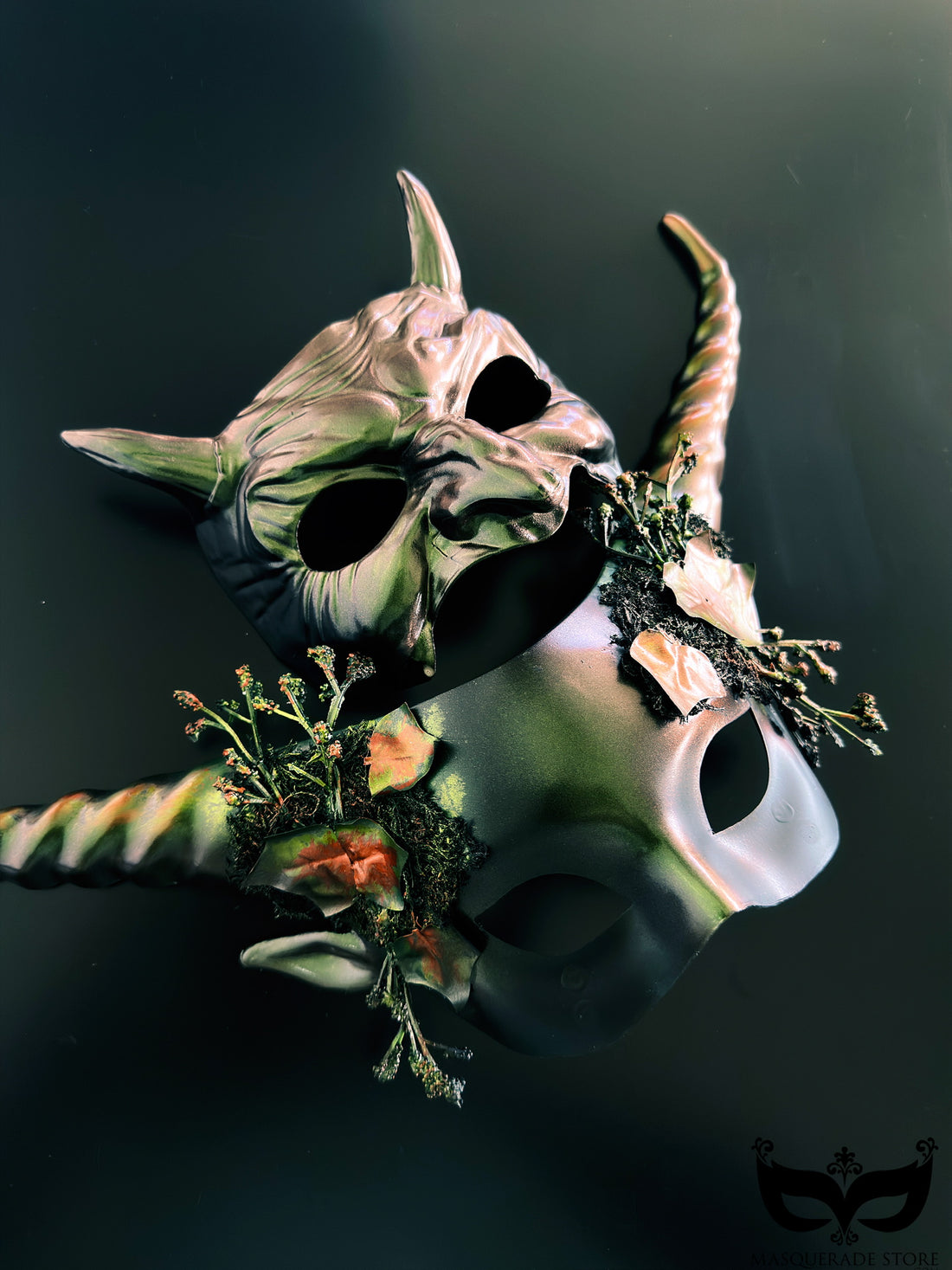 Devil horn and floral horn couples masquerade masks with moss, gold-green finish, and dark fantasy accents