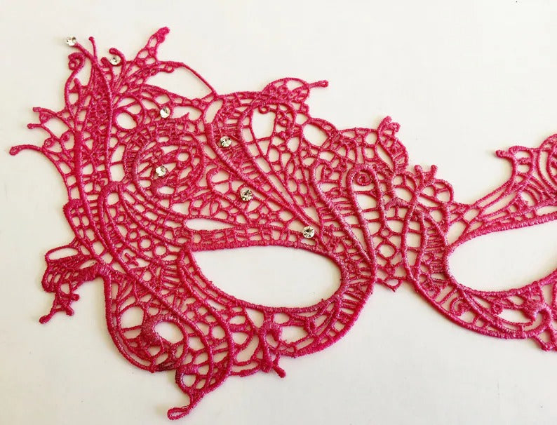 Elegant hot pink lace masquerade mask with rhinestones, perfect for prom, Venetian parties, or evening balls.