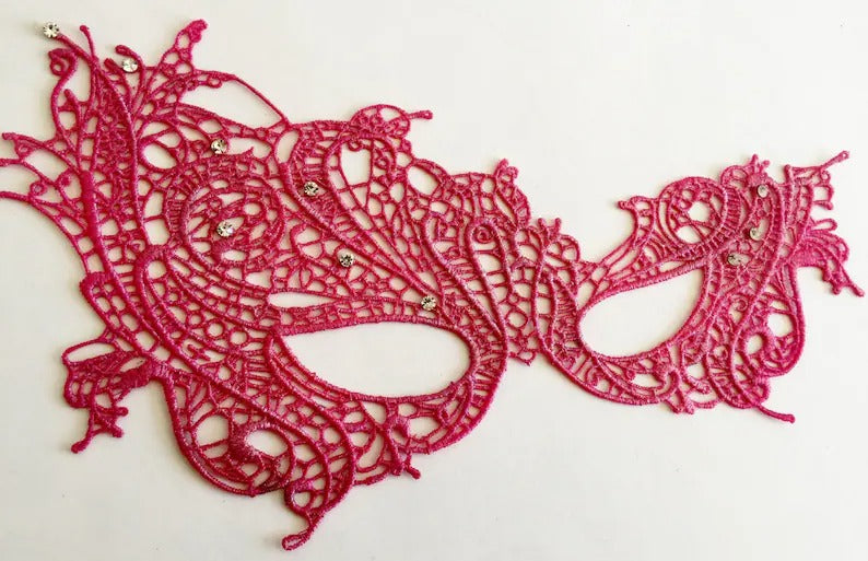 Elegant hot pink lace masquerade mask with rhinestones, perfect for prom, Venetian parties, or evening balls.