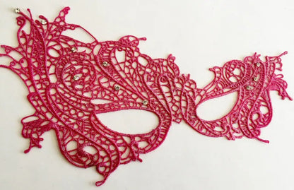 Elegant hot pink lace masquerade mask with rhinestones, perfect for prom, Venetian parties, or evening balls.