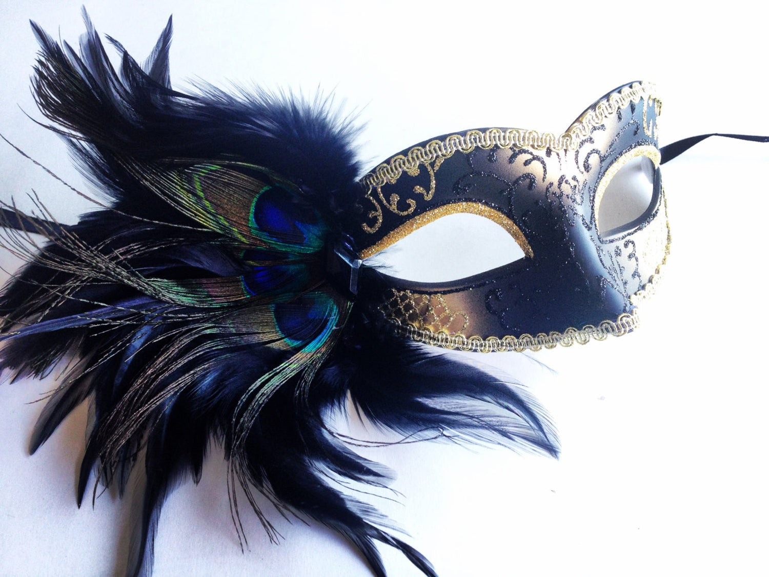 Peacock Feather Mask - Black/Gold