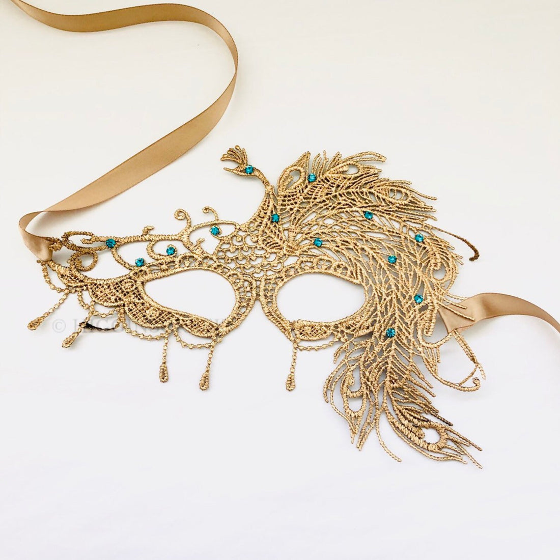 Peacock Mask With Turquoise Rhinestones - Gold