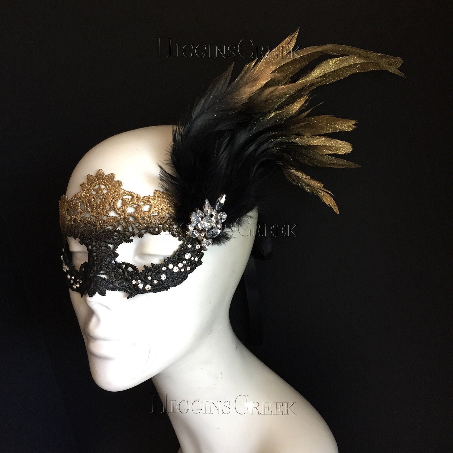 Lace Rhinestone Mask - Gold/Black