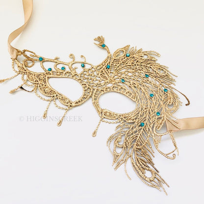 Peacock Mask With Turquoise Rhinestones - Gold