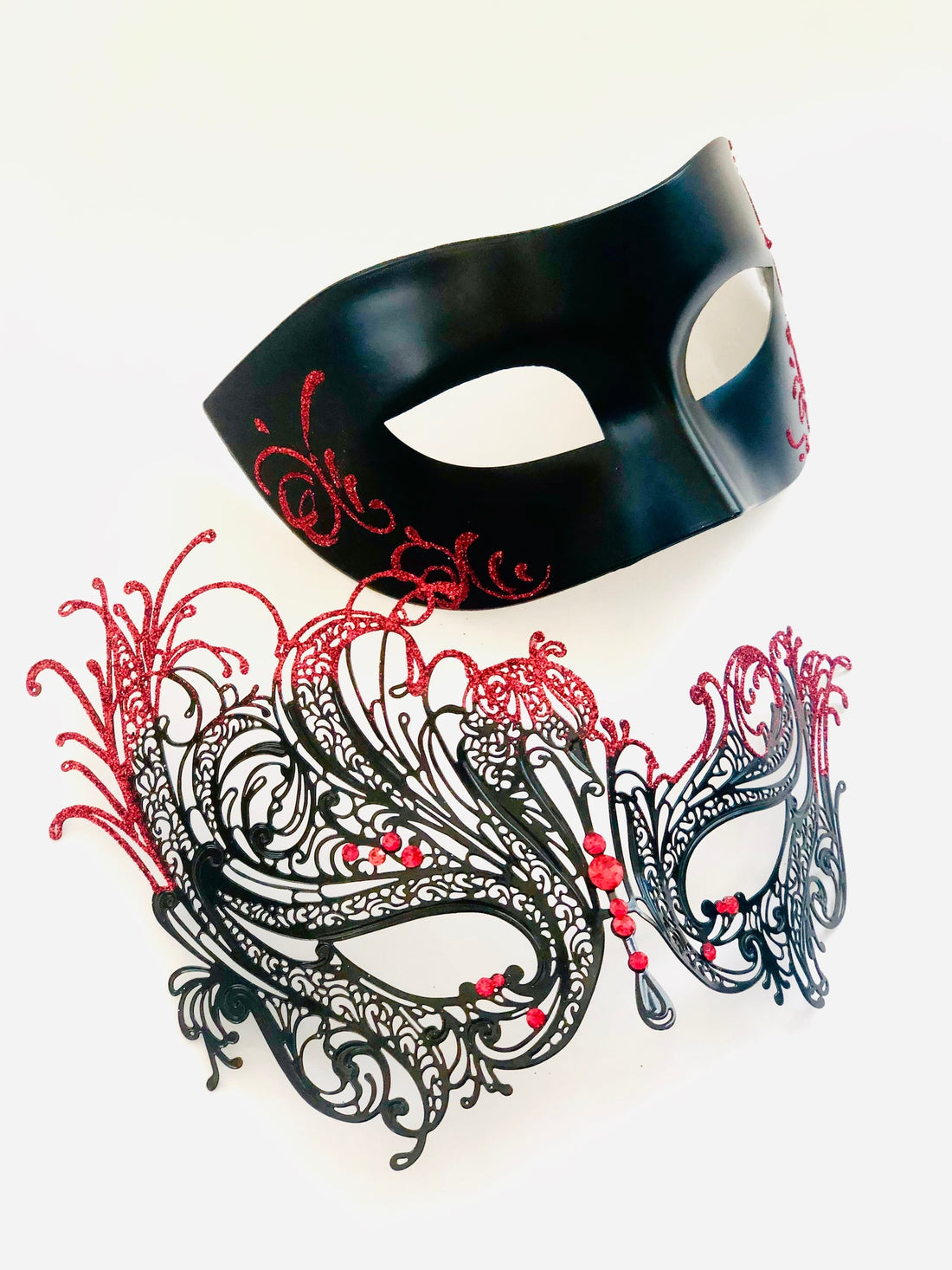 Couples Glitter Filigree Masks - Red/Black