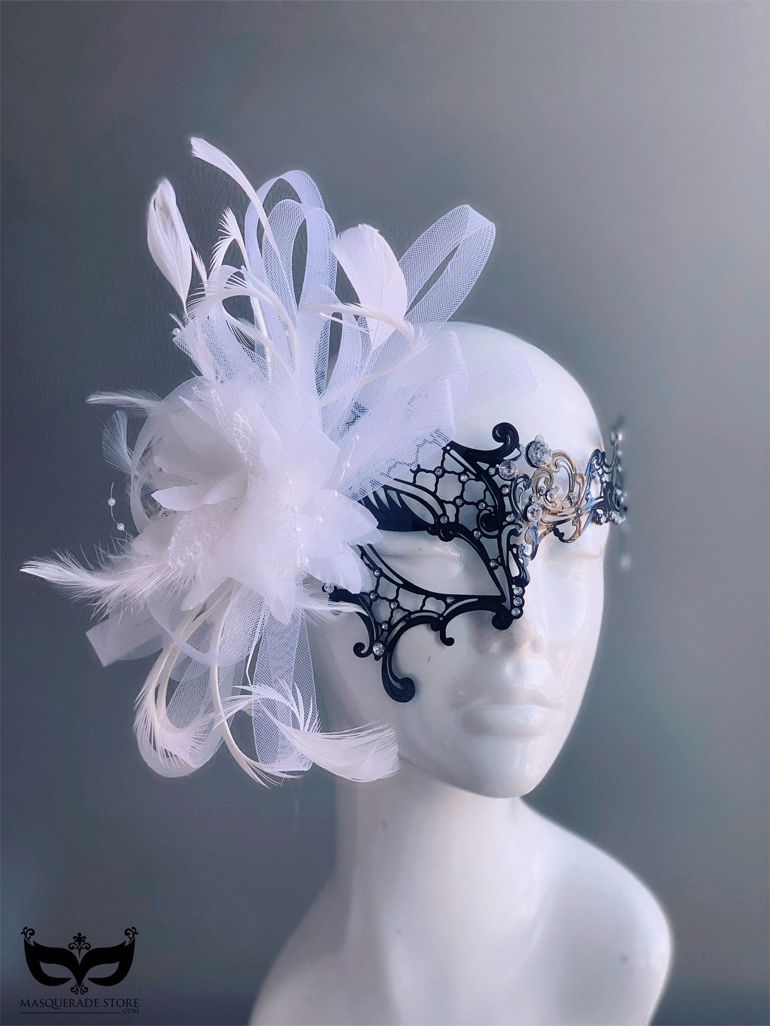 Metal Rhinestone Feather Mask - Black