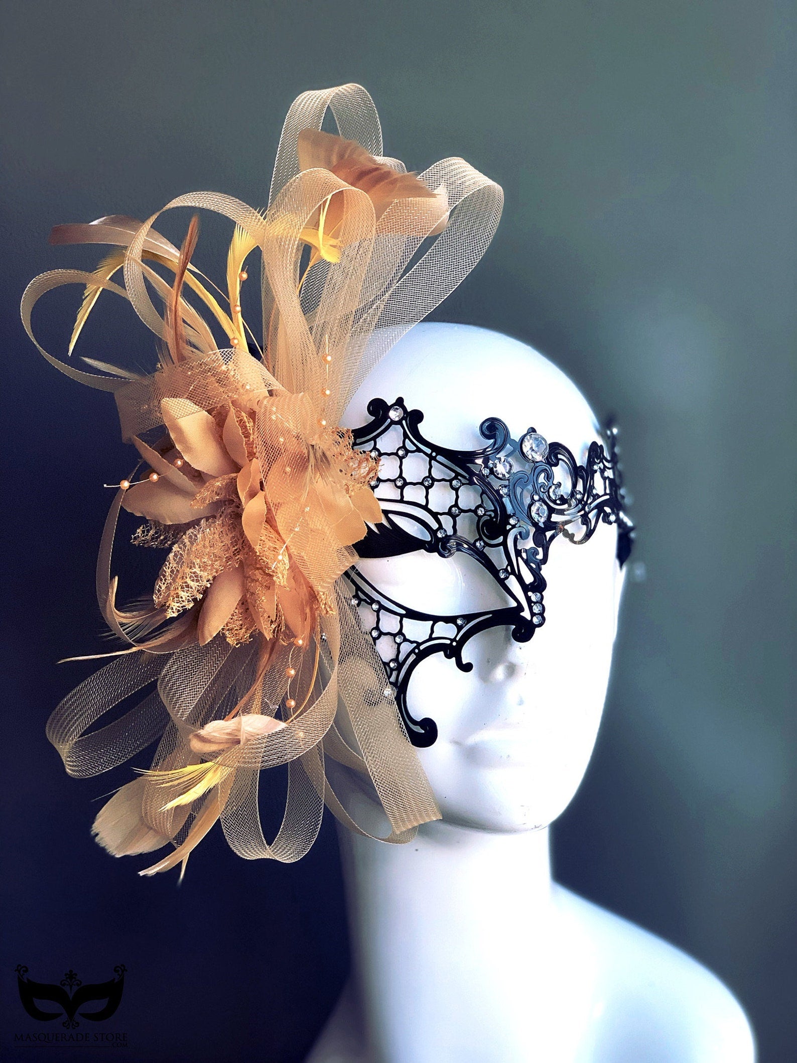 Metal Rhinestone Feather Mask - Black