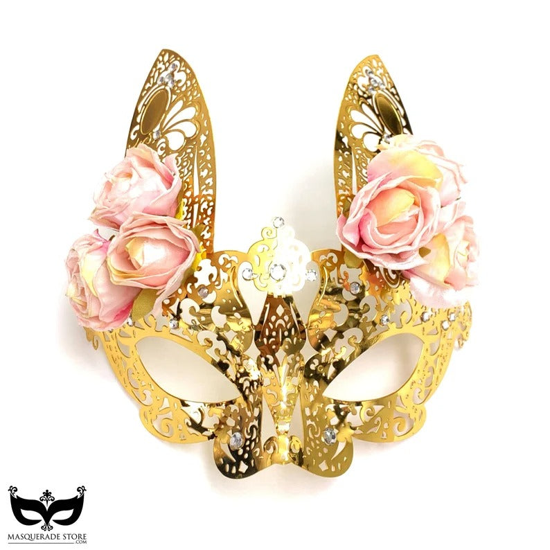 Metal Bunny Mask - Gold/Pink Roses