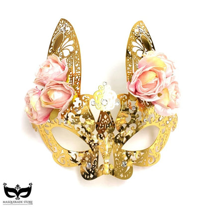 Metal Bunny Mask - Gold/Pink Roses