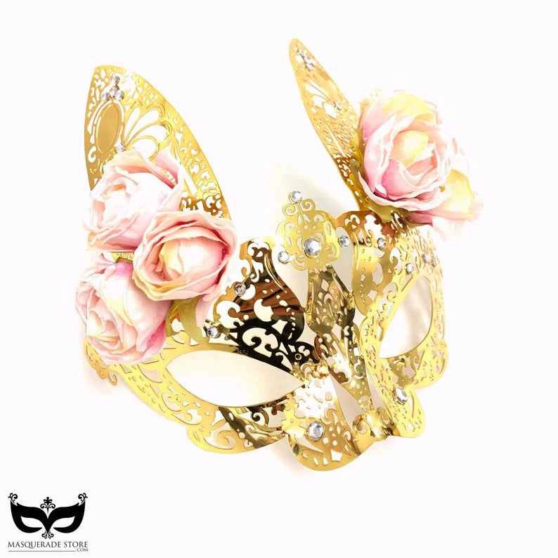 Metal Bunny Mask - Gold/Pink Roses