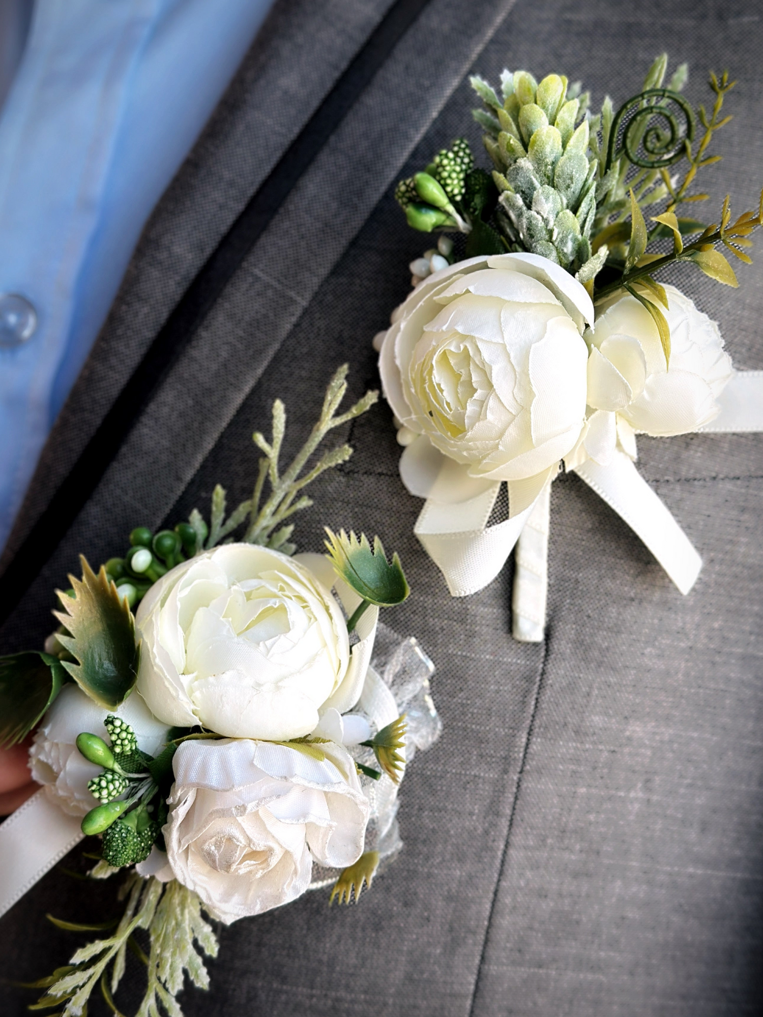 white rose and succulent corsage Ivory Blossom - Prom Boutonniere & Corsage Set