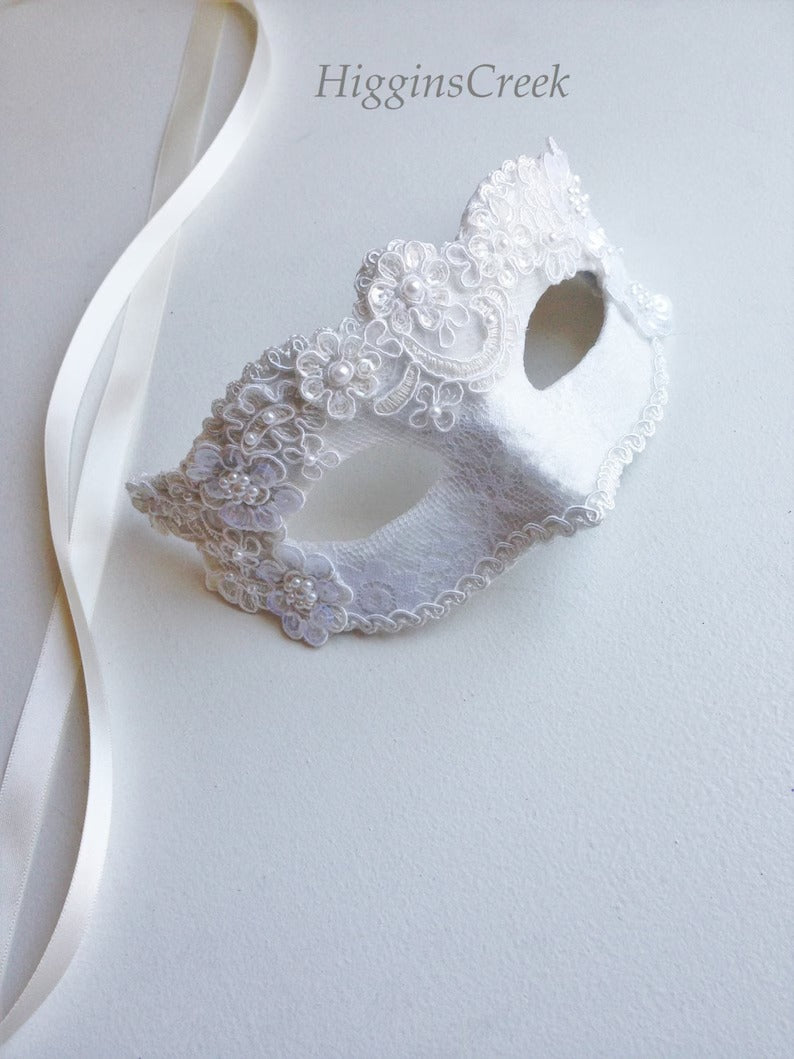 Ivory Grace bridal lace masquerade mask with pearls and satin ribbon, perfect for weddings, proms, or masquerade ball.