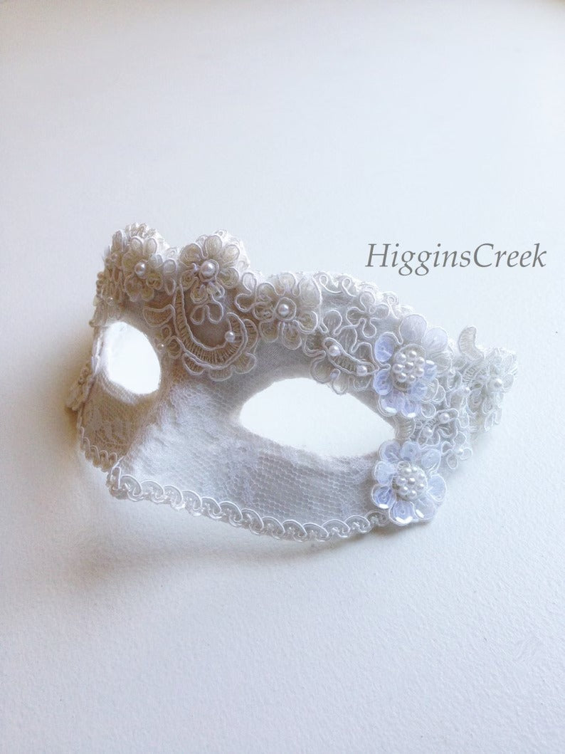 Ivory Grace bridal lace masquerade mask with pearls and satin ribbon, perfect for weddings, proms, or masquerade ball.