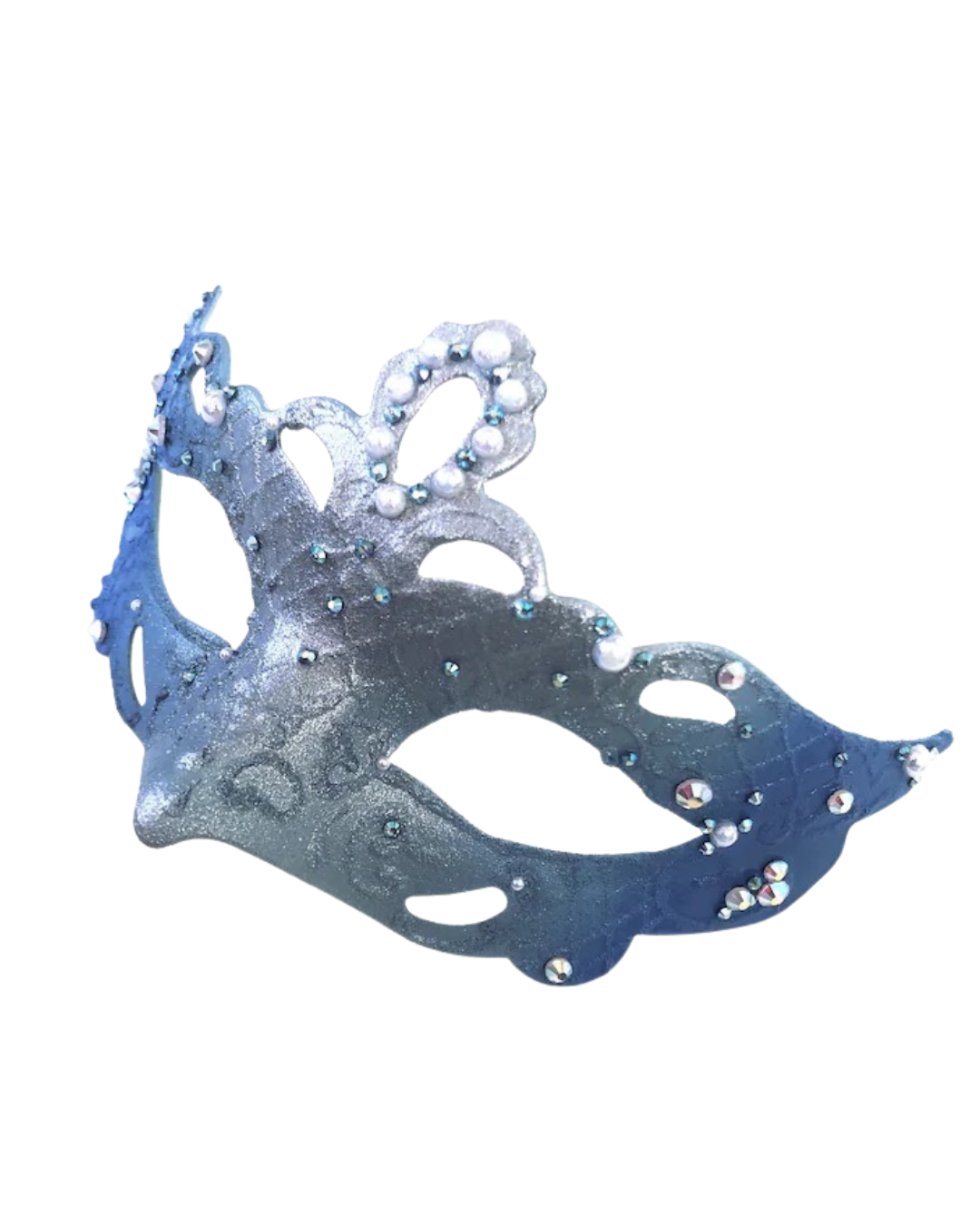 Child-sized blue and silver masquerade mask with glitter, pearls, and rhinestones.