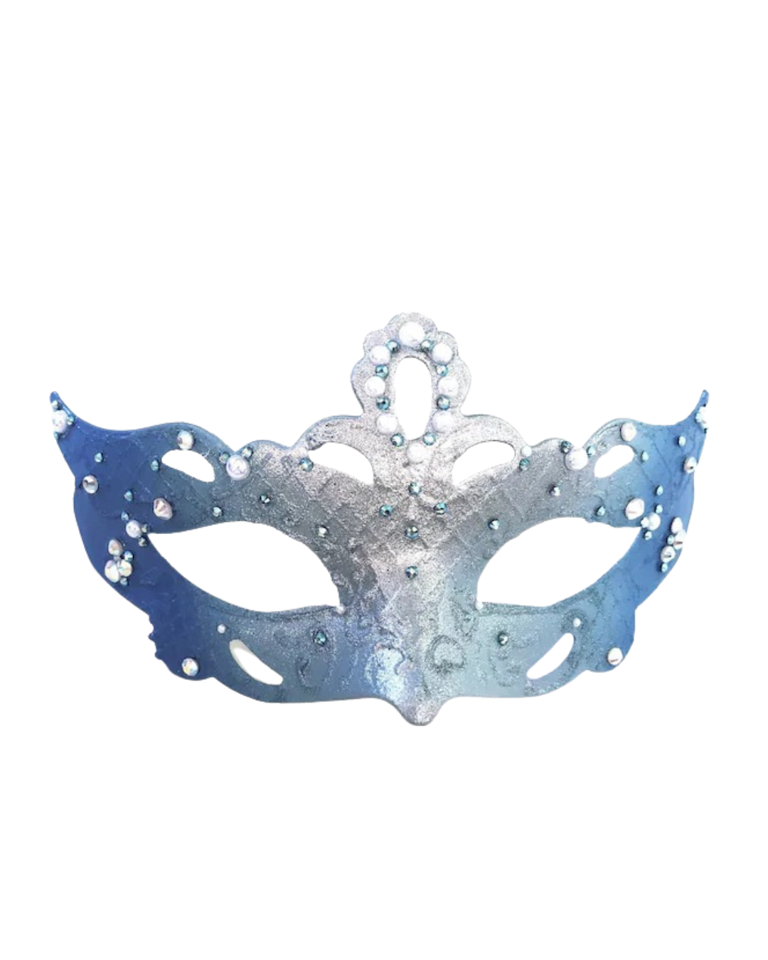Child-sized blue and silver masquerade mask with glitter, pearls, and rhinestones.