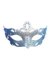 Child-sized blue and silver masquerade mask with glitter, pearls, and rhinestones.