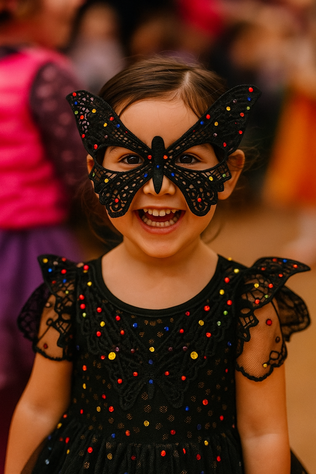 Kids black butterfly masquerade mask with colorful rhinestones for parties and dress-up.