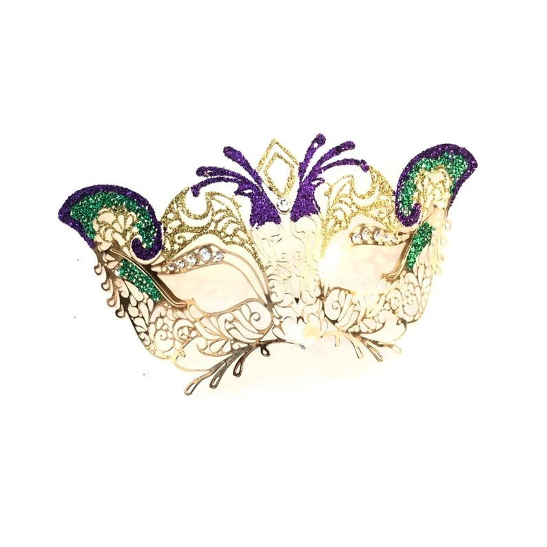 Child-sized Mardi Gras masquerade mask with gold filigree and glitter accents.