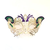 Child-sized Mardi Gras masquerade mask with gold filigree and glitter accents.