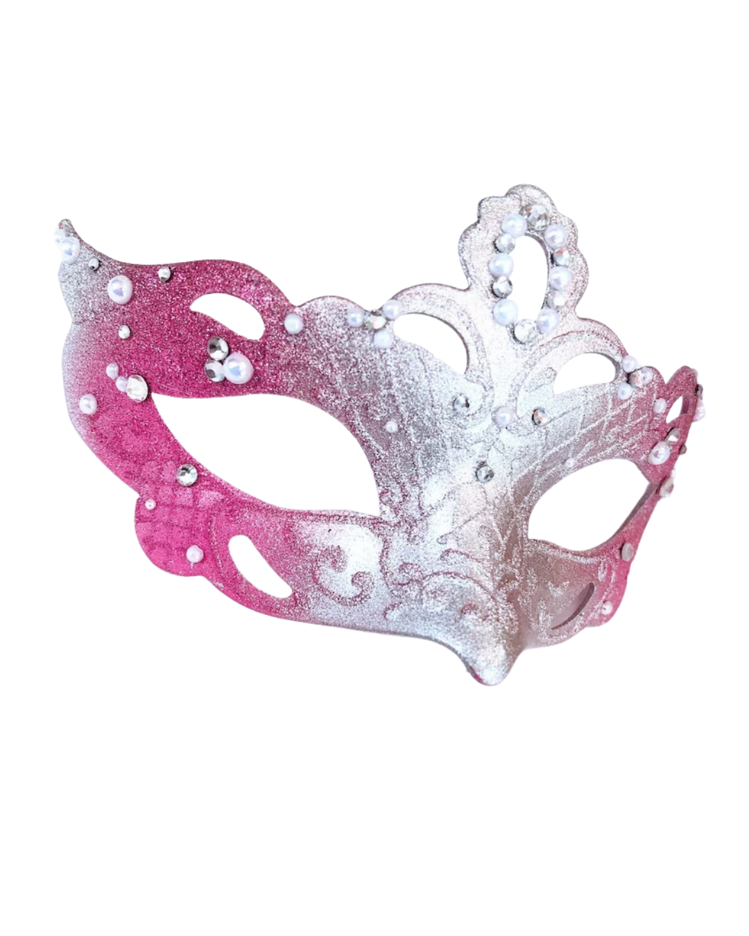 Child-sized pink and silver masquerade mask with glitter, pearls, and rhinestones.