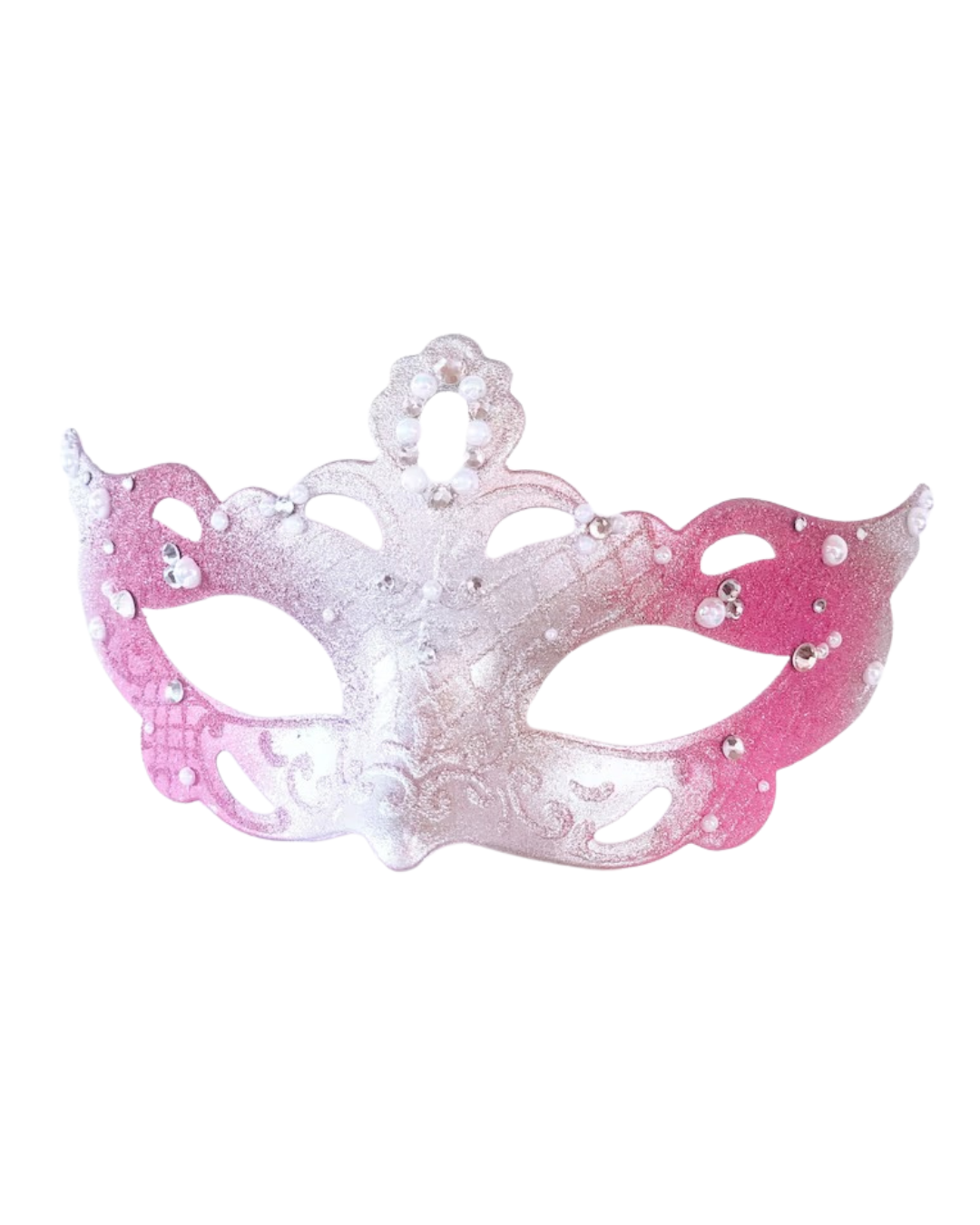 Child-sized pink and silver masquerade mask with glitter, pearls, and rhinestones.