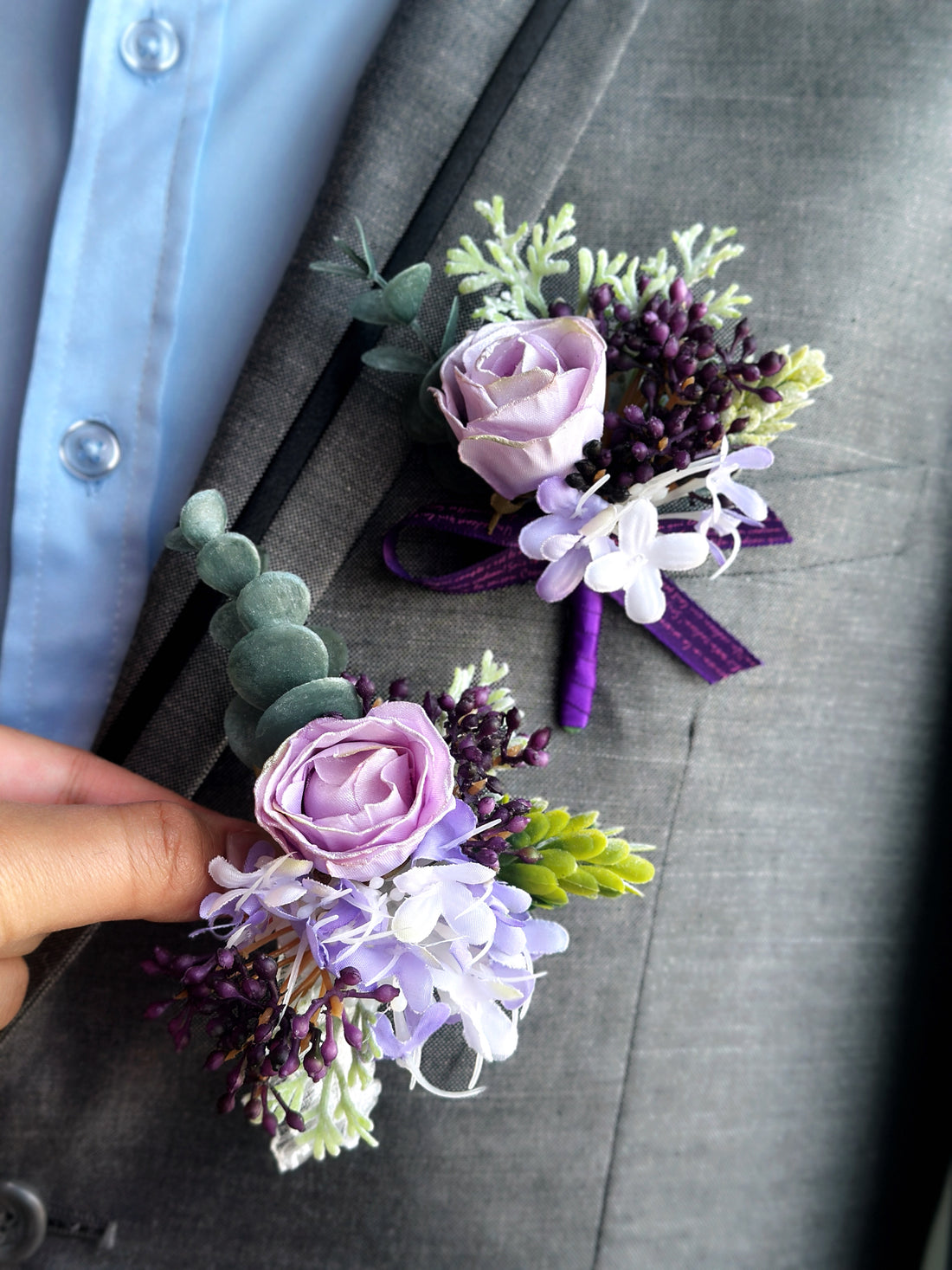 Lavender Elegance prom boutonniere and corsage set in shades of lavender, purple, and green, ideal for a sophisticated prom ensemble.