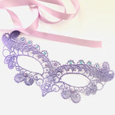 Lavender lace masquerade mask with gemstone accents and satin ties, elegant purple lace eye mask for women, perfect for masquerade, prom, and Halloween.