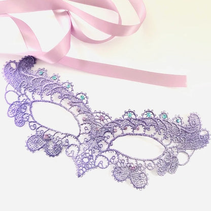Lavender lace masquerade mask with gemstone accents and satin ties, elegant purple lace eye mask for women, perfect for masquerade, prom, and Halloween.