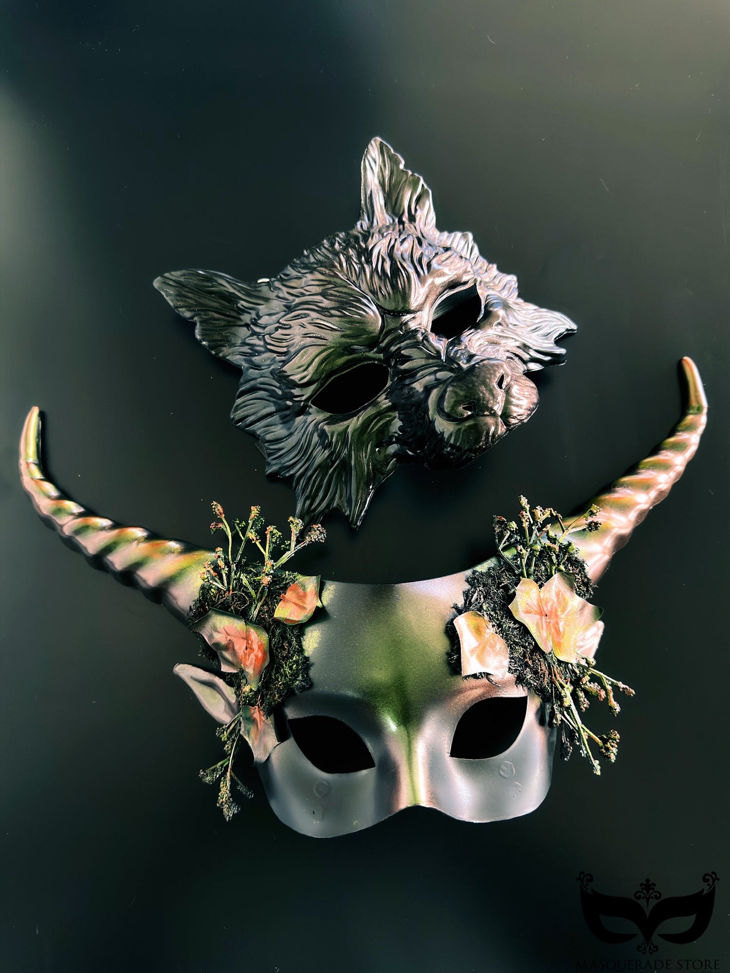 Wolf masquerade mask and horn floral mask set with forest-inspired accents for couples costume