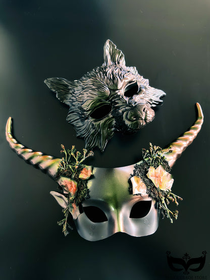 Wolf masquerade mask and horn floral mask set with forest-inspired accents for couples costume