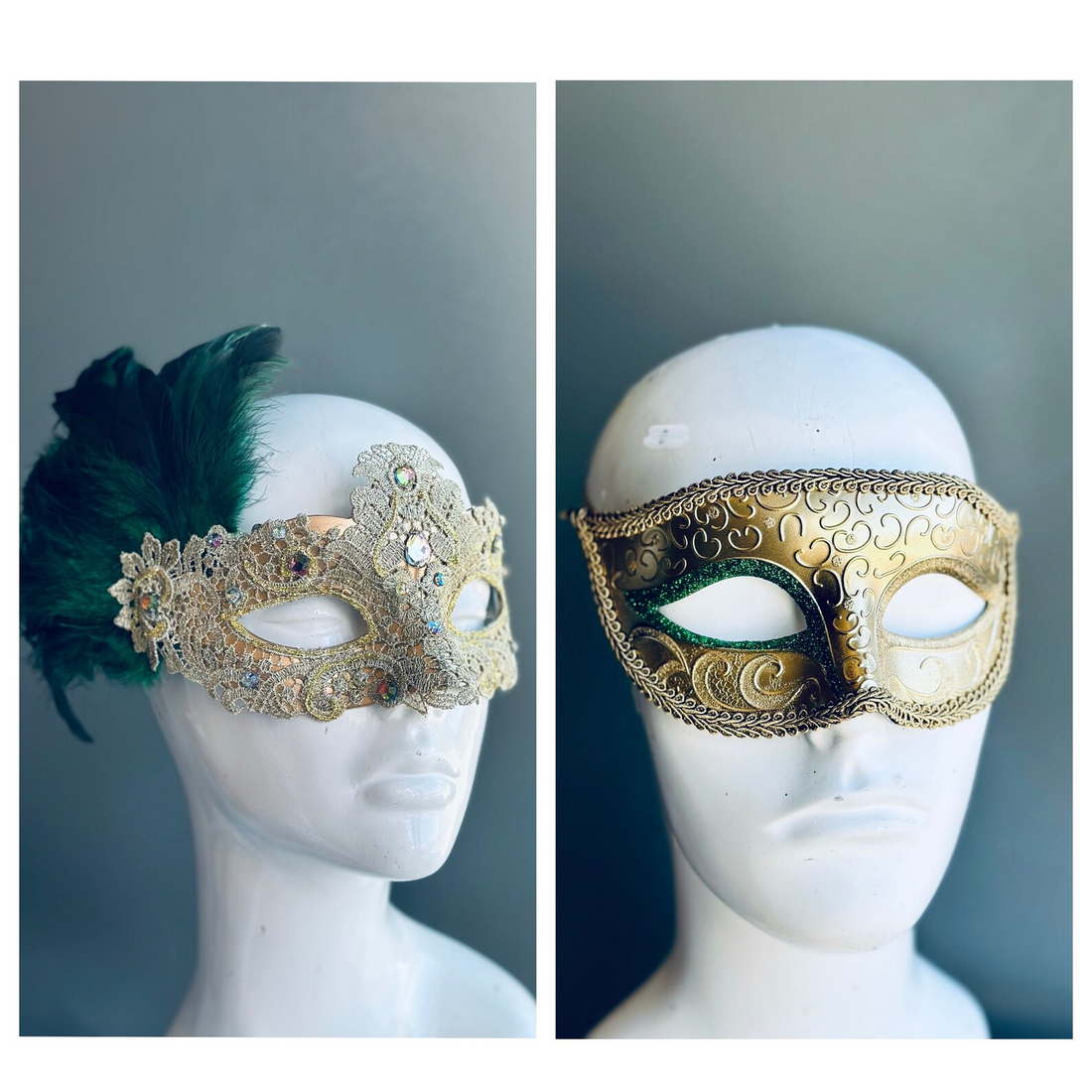 Luxury couples masquerade mask set with jeweled lace women’s mask with emerald feathers and gold filigree men’s mask.