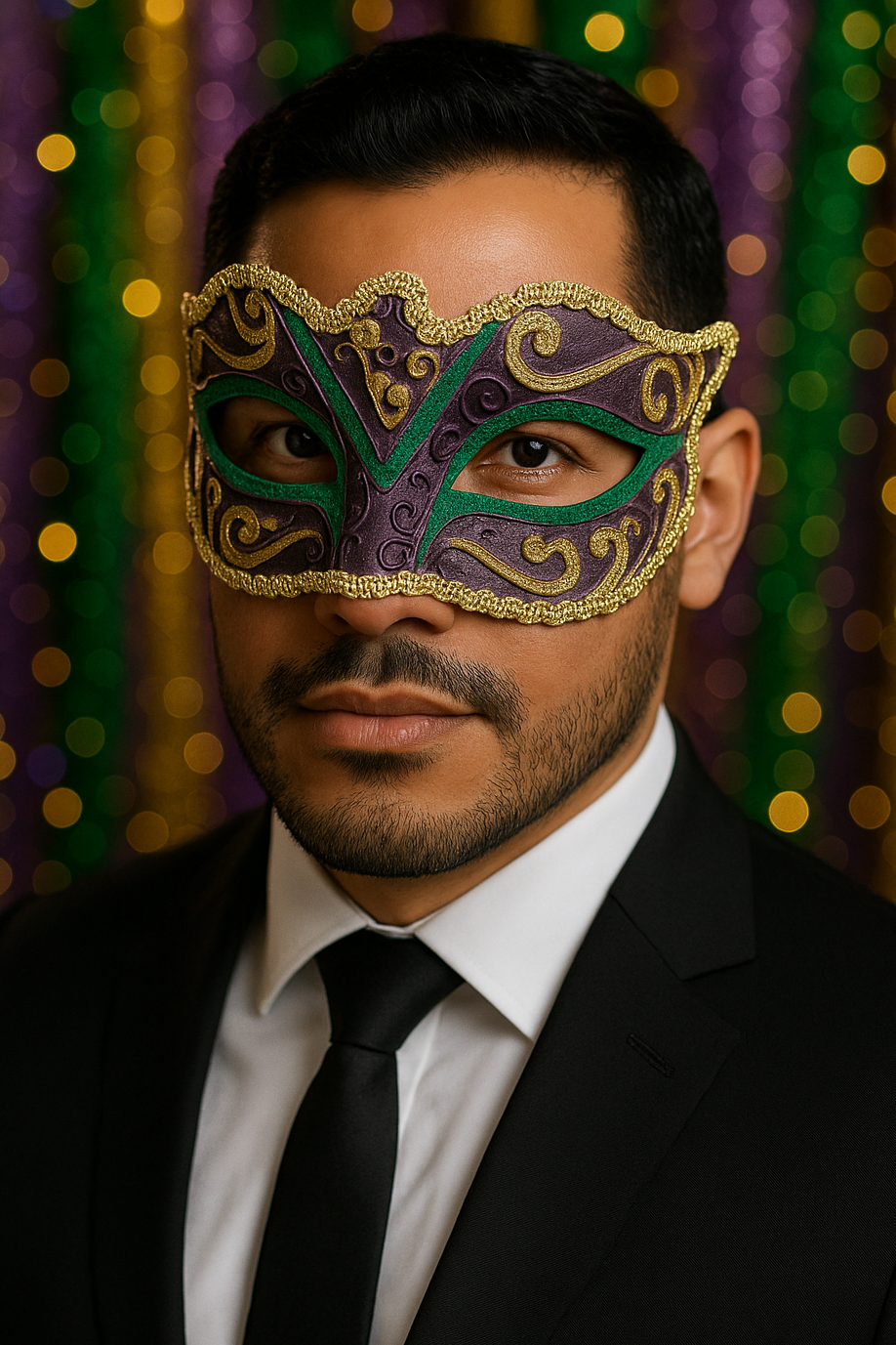 Colorful Mardi Gras mask party pack set with 3 festive designs in purple, green, and gold
