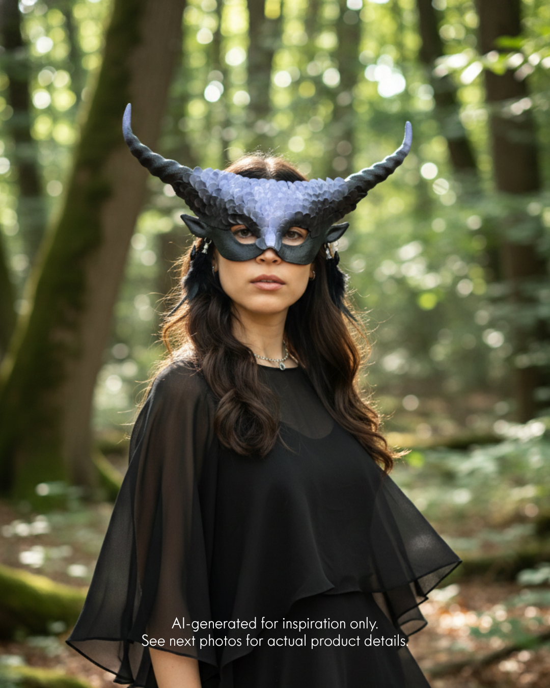 Black horned masquerade mask with textured satin finish and feather details for Halloween events.