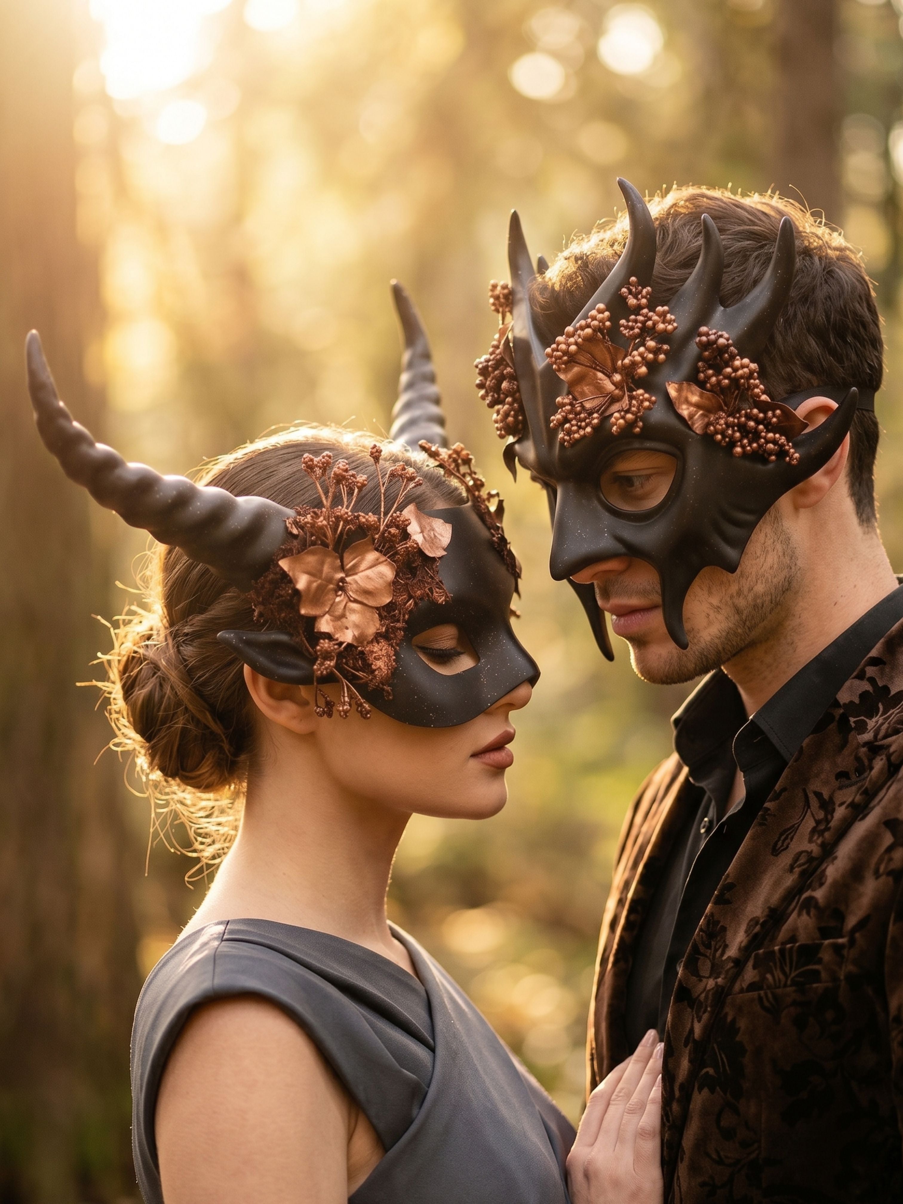 Couple horned masquerade masks with floral accents for Halloween or fantasy costume event.
