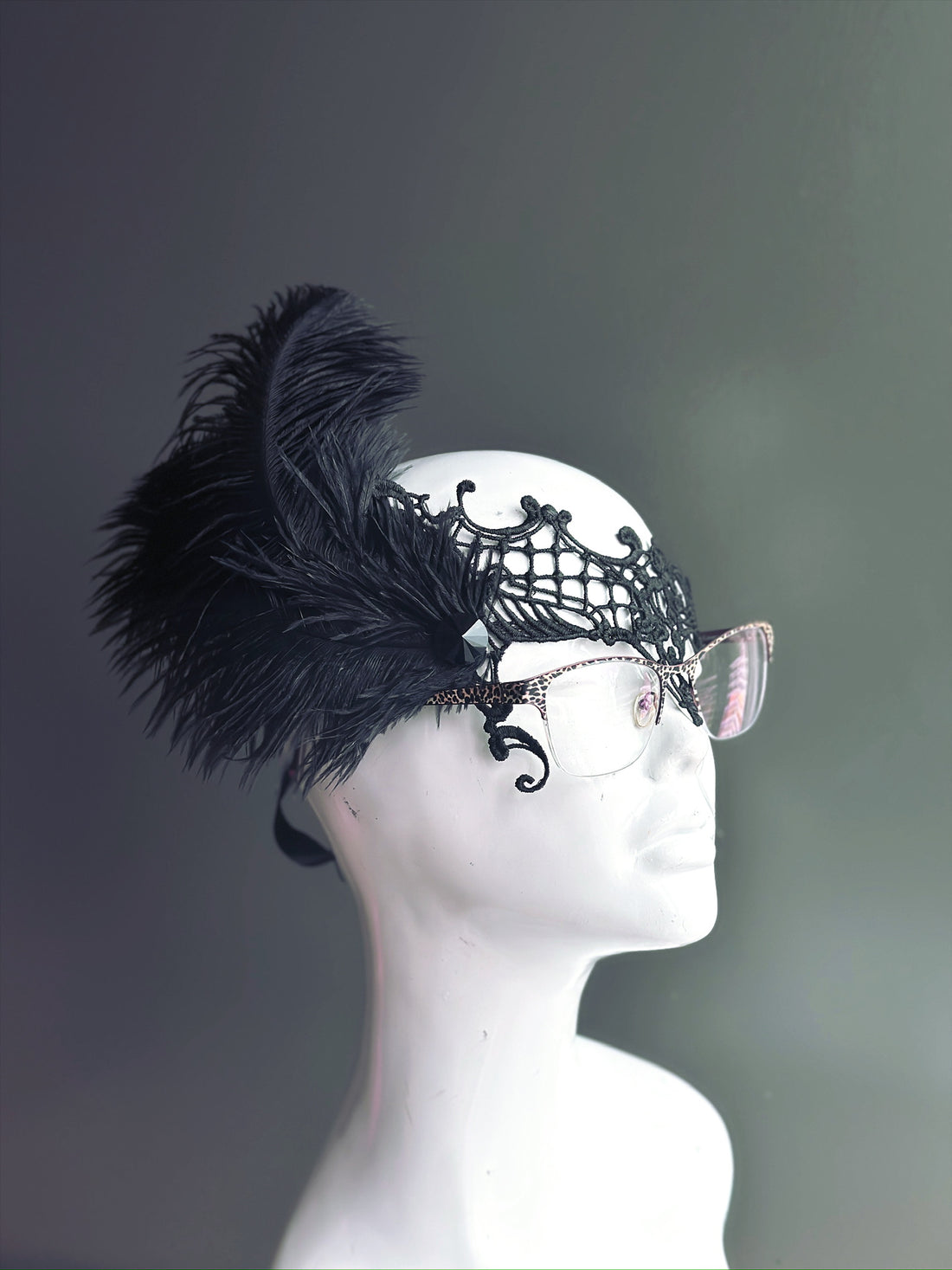Black feathered lace masquerade mask designed to be worn over eyeglasses