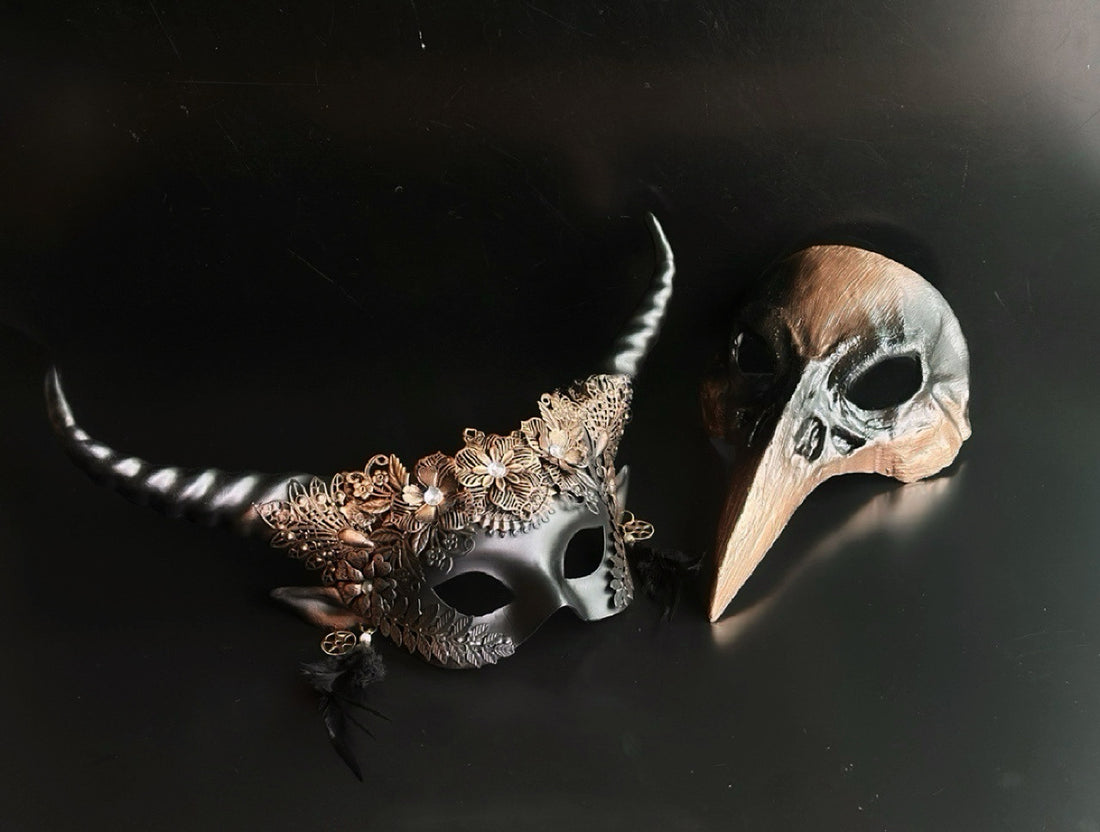 Gothic Halloween couples mask set with horned floral mask and plague doctor beak mask.