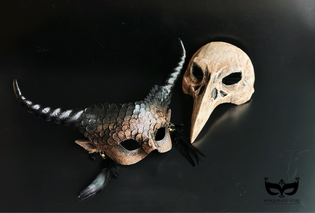 Gothic Halloween couples mask set with horned scale mask and skull plague doctor mask.