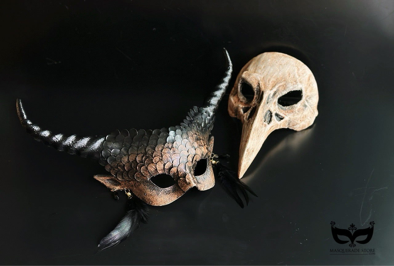 Gothic Halloween couples mask set with horned scale mask and skull plague doctor mask.